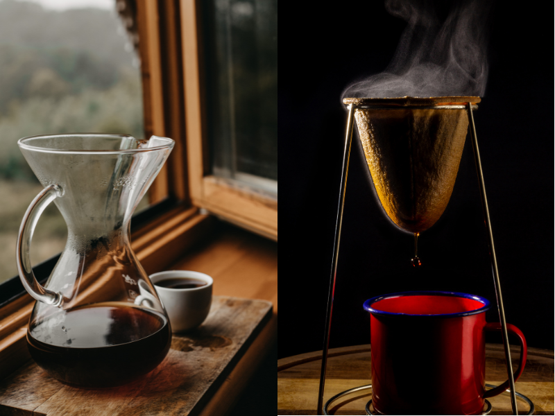 Chemex em frente à janela; Café passado no coador. Fotos: Dmitriy Ganin de Pexels; AngelaMacario de Getty Images - Canva.
